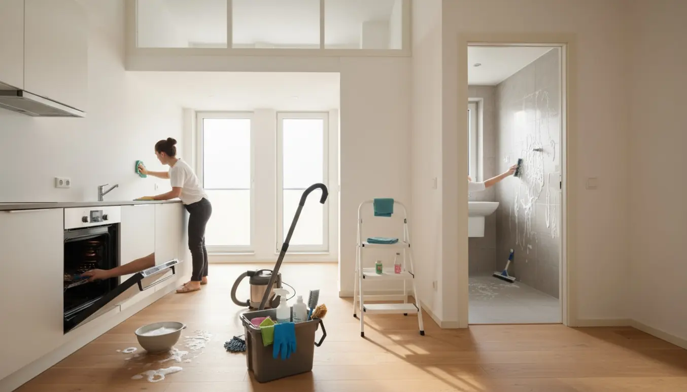 Tom lejlighed under flytterengøring med rengøringsudstyr, åben ovn og rengøring af badeværelse.