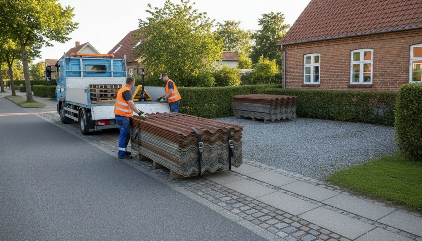 Lastbil ved vej med to stakke tagplader i indkørsel og ved kant klar til afhentning.