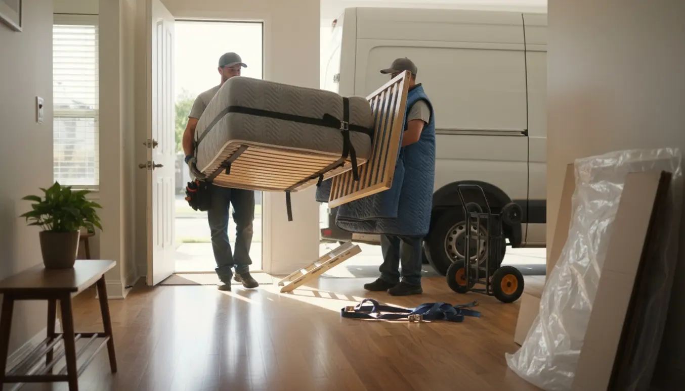 To flyttemænd bærer hver en halv dobbeltseng indpakket i flyttetæpper gennem en åben hoveddør mod en ventende flyttebil.