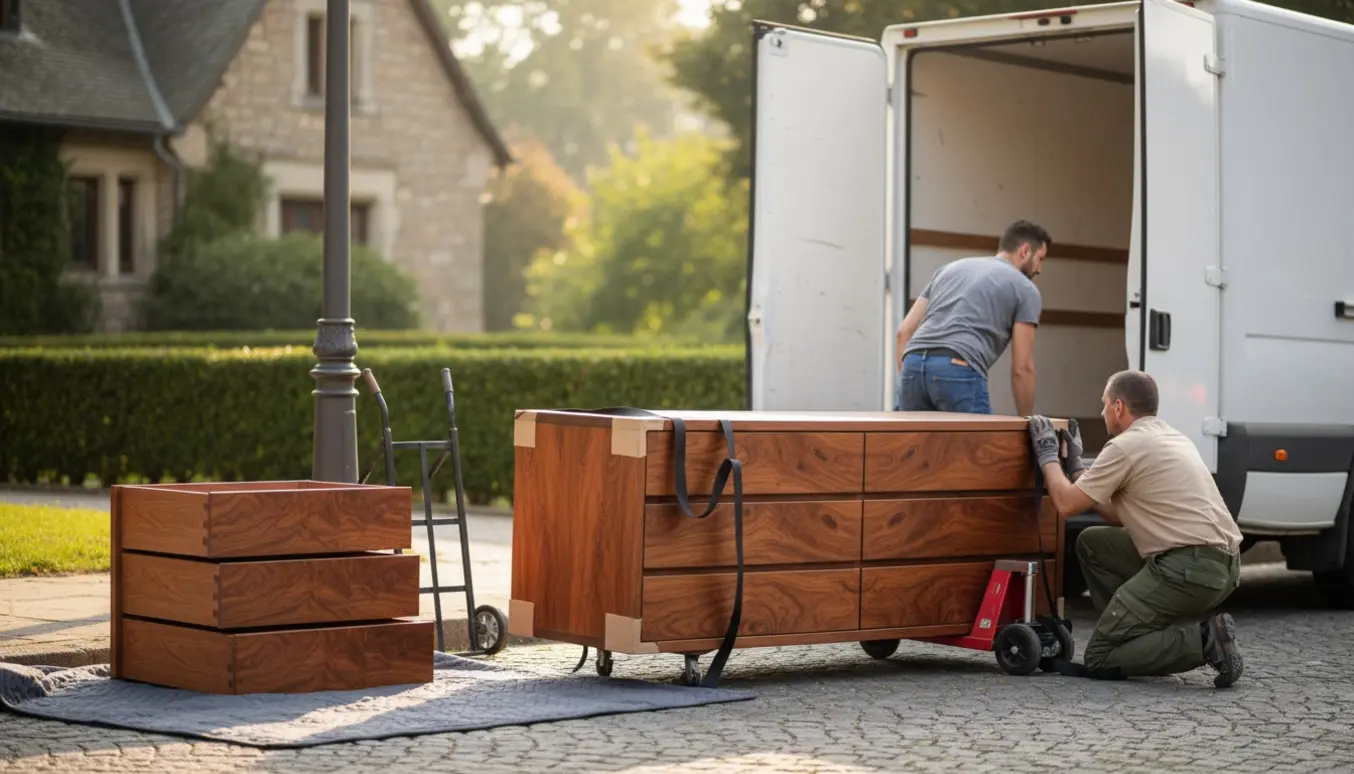 To personer læsser en massiv trækkommode med udtagne skuffer ind i en flyttevogn på en stille villavej.