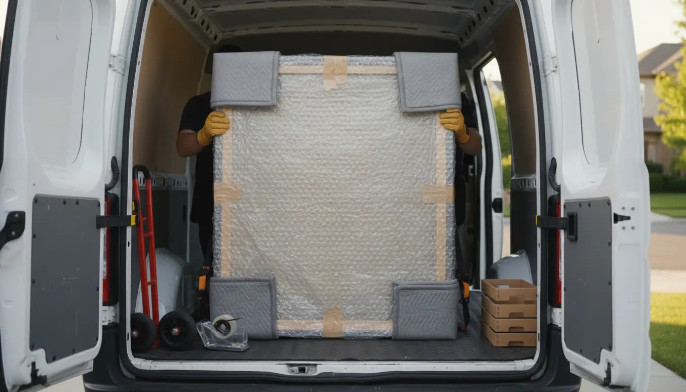 Et indpakket maleri (ca. 120×150 cm) sikret med tæpper og stropper i en varevogn klar til fragt.