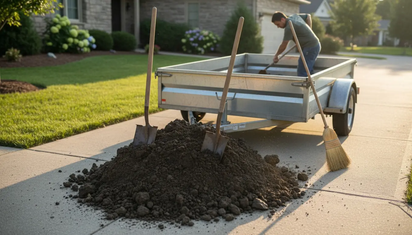 Trailer på indkørsel med skovle og kost, mens jord fejes og læsses ind.