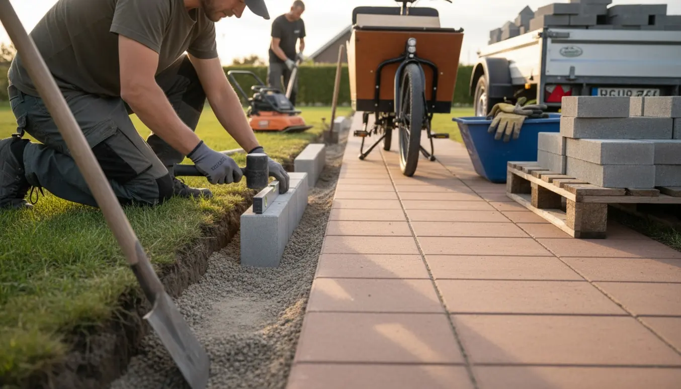 Foto af lægning af Holmegaard-kantsten langs flisegang med materialer og elladcykel i baggrunden.