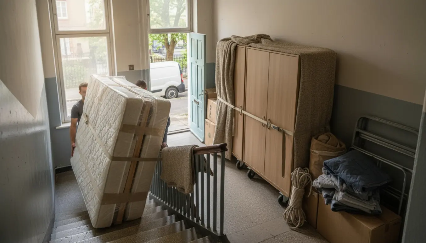 Flyttere bærer en dobbeltmadras og indpakkede skabe ned ad en trappe i en opgang.