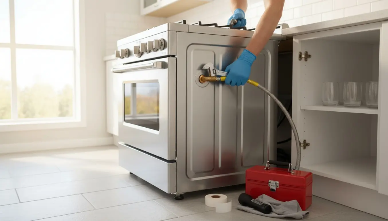 Hænder tilslutter en fleksibel gasledning til et fritstående gaskomfur i et lyst køkken.