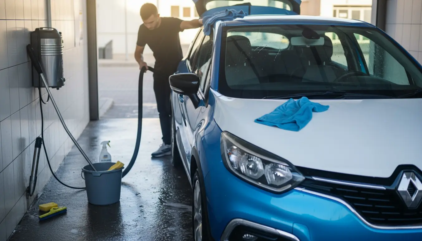 Renault Captur i en vaskehal med åben dør, hvor bilen tørres af og støvsuges indvendigt.