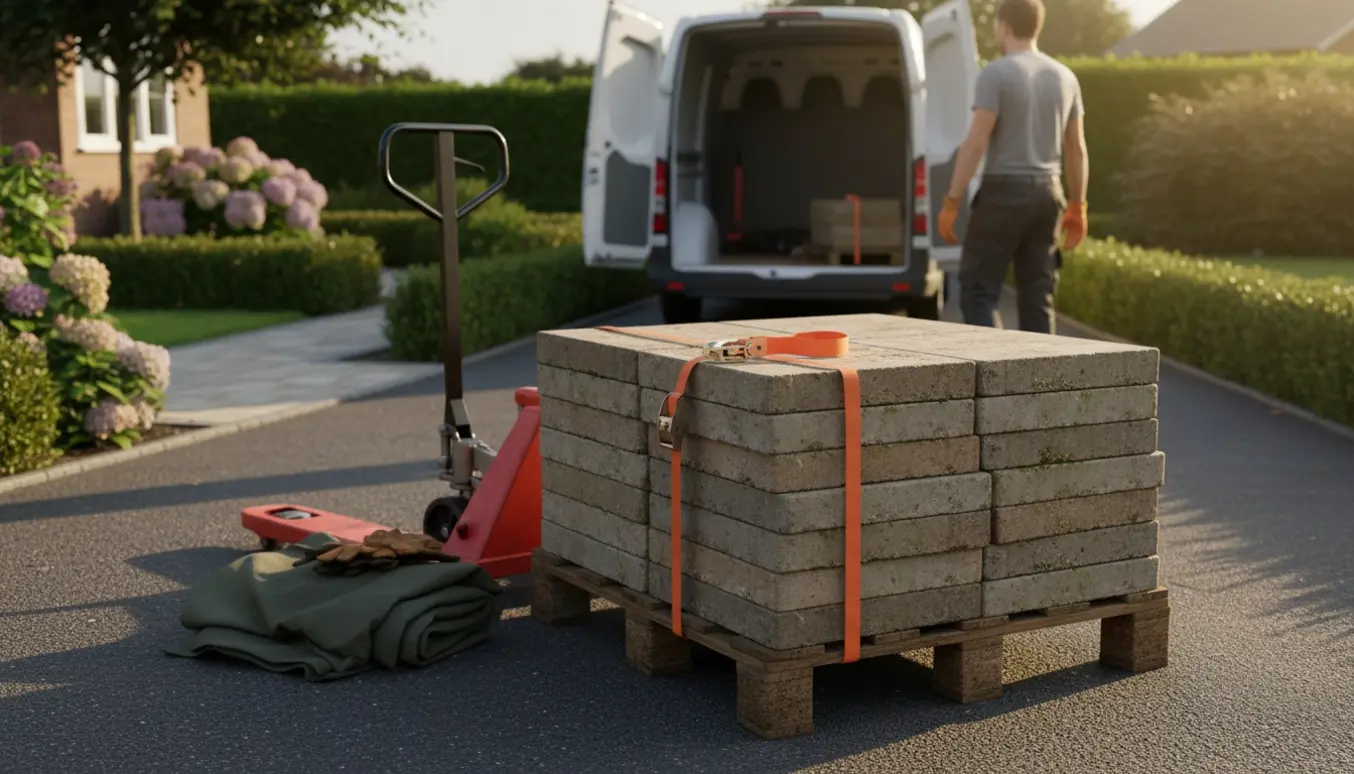 Stak havefliser på en palle ved indkørsel klar til afhentning med en varevogn i baggrunden.