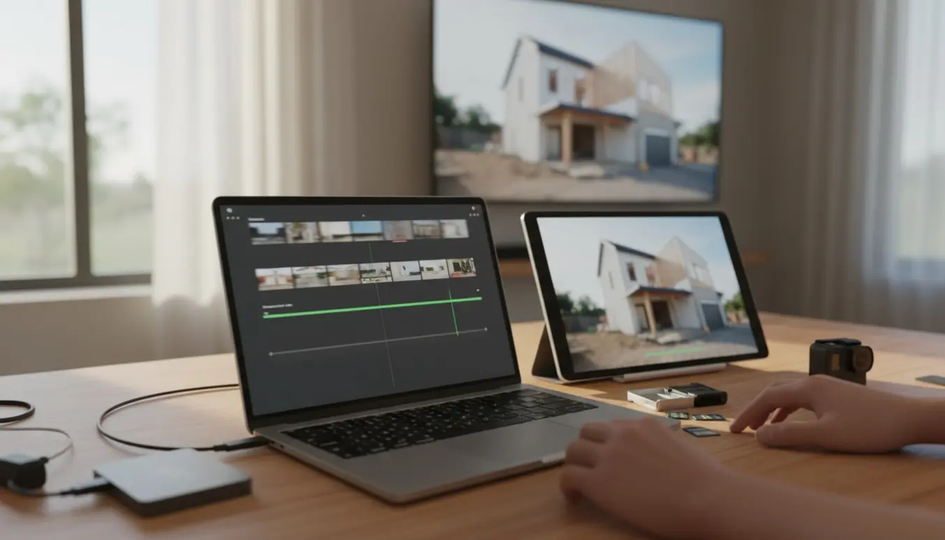 Redigeringsarbejdsbord med en bærbar, tablet, hukommelseskort og et fjernsyn der viser en timelapse af et husbyggeri.
