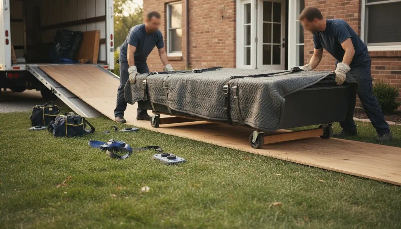 Et tungt billardbord med skifferplade dækket af flyttetæpper og rullende på dolly over græs mellem to huse.