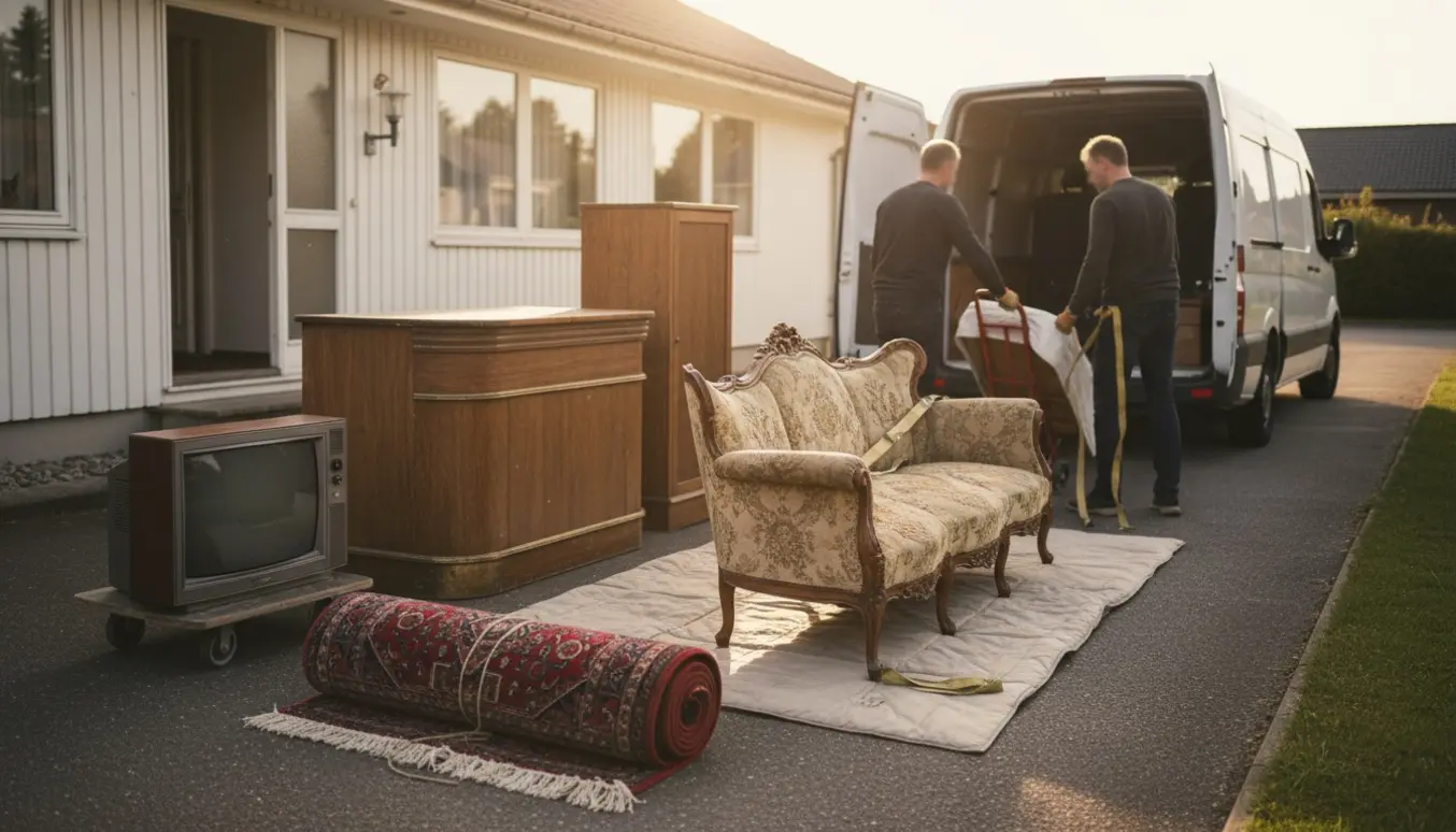 Flytning af storskrald: antik sofa, tv, købmandsdisk, højskab og rullet persisk tæppe læsses i en varevogn foran en enkeltplans villa.