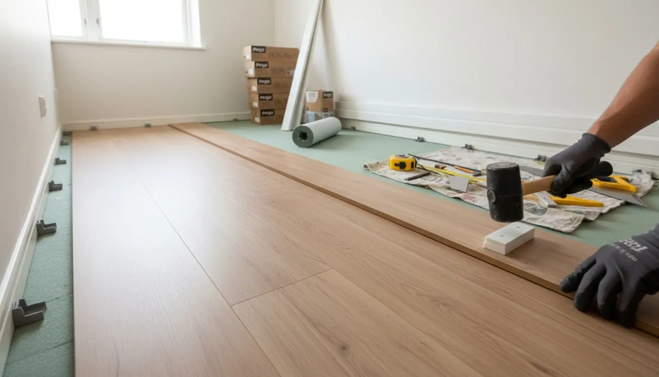 Halvfærdigt Pergo klikgulv i to små værelser med værktøj og fodpaneler klar til montering.