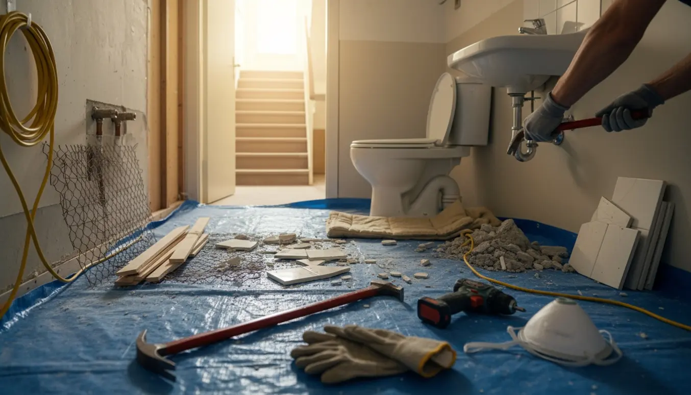 Lille badeværelse under nedrivning med afmonteret toilet og vask, brokker, puds og trælister klar til bortskaffelse.