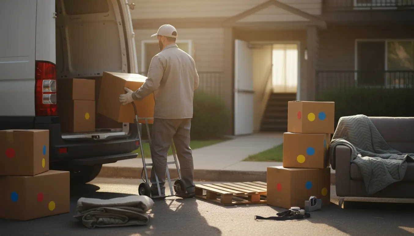 En enkelt mand ses bagfra, læsser en flyttekasse på en tralle ind i en varevogn i varmt eftermiddagslys.