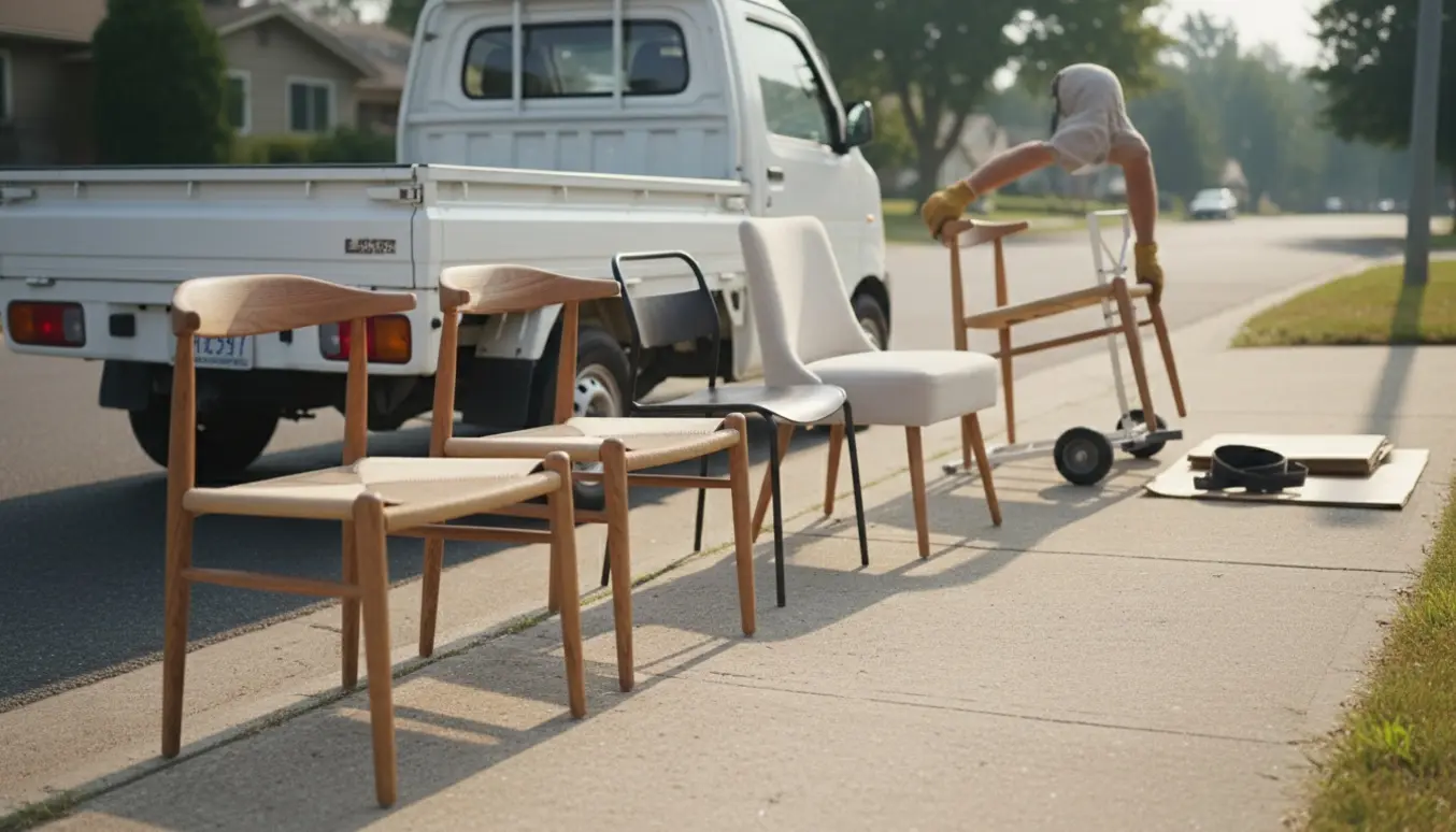 Seks spisestole stillet ved kantstenen ved en åben varevogn, klar til afhentning.