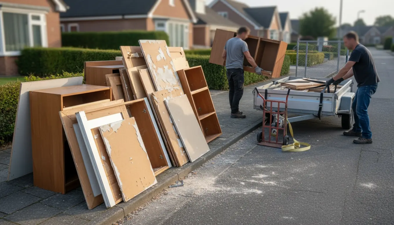 Affald fra fjernet væg og skabe stablet ved fortovet ved en åben trailer, klar til bortkørsel.