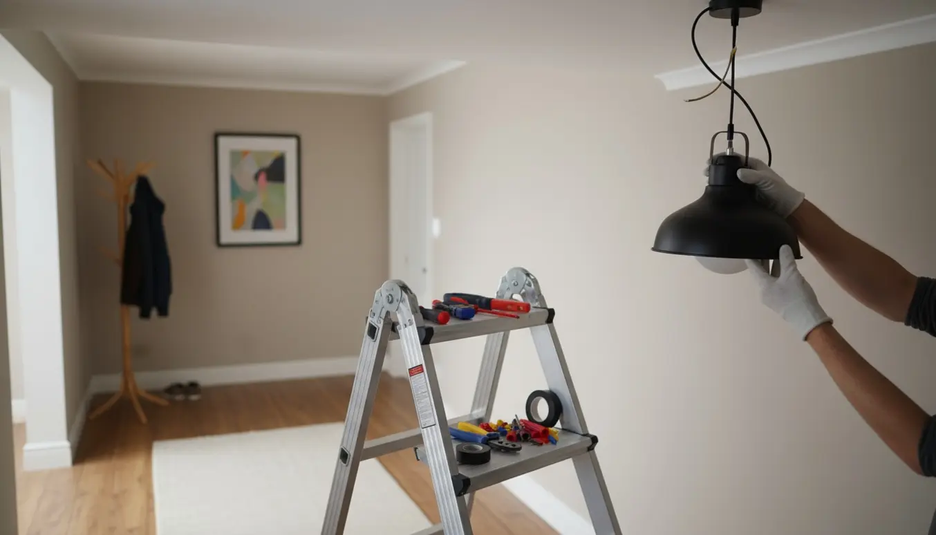 En person på en stige udskifter en loftlampe i en neutral gang med værktøj og ledninger synlige.