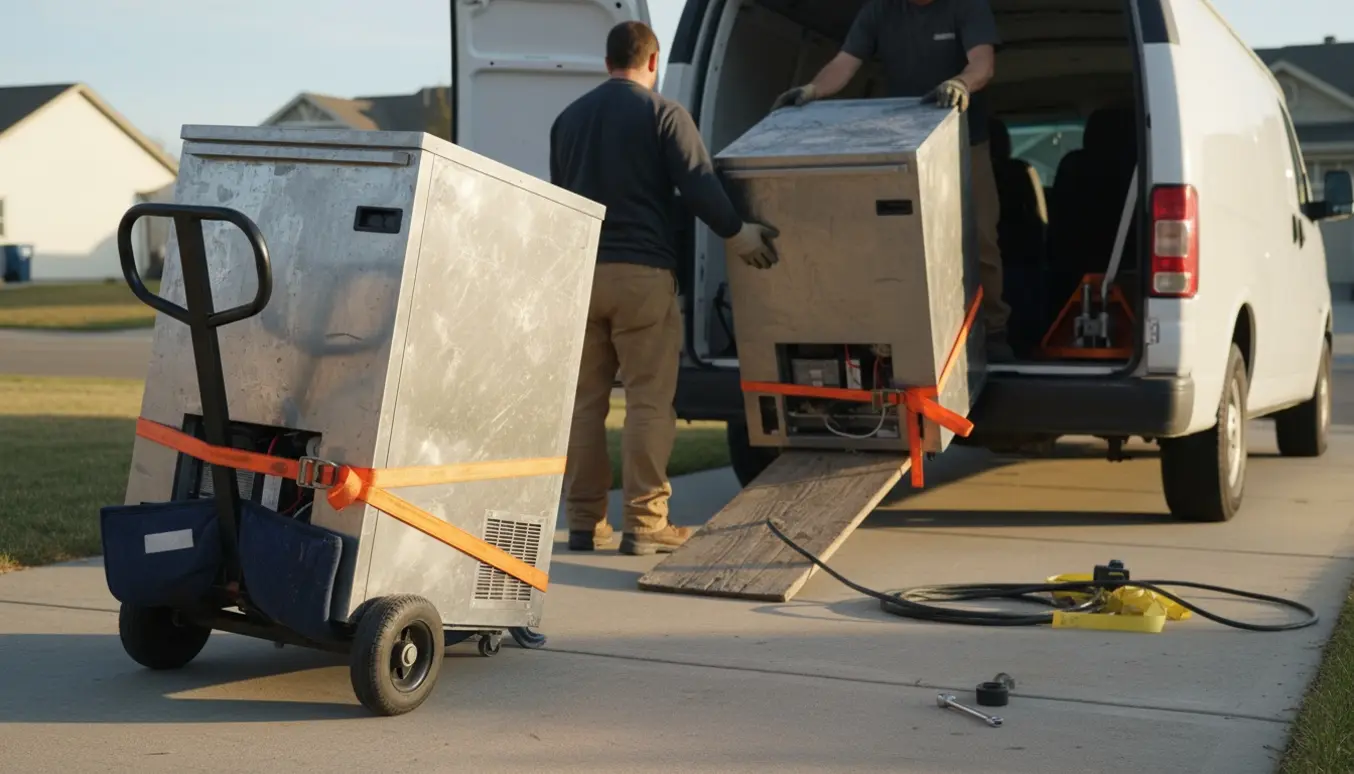 To personer læsser to defekte butiksconveniencekølere ind i en varevogn ved en genbrugsplads.