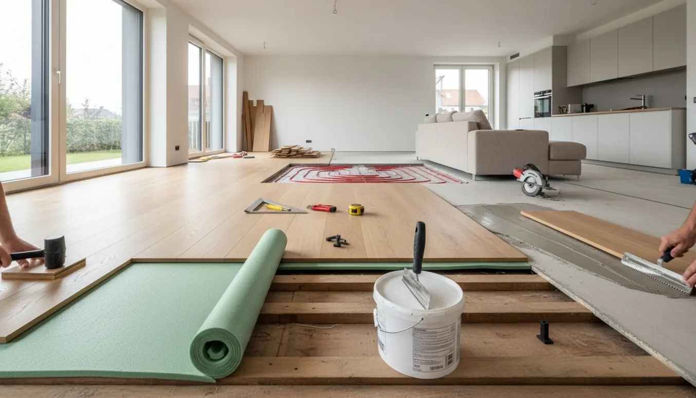 Lamelplankegulv installeres i åben stue-køkken med undergulv, lim og gulvvarmerør synlige.