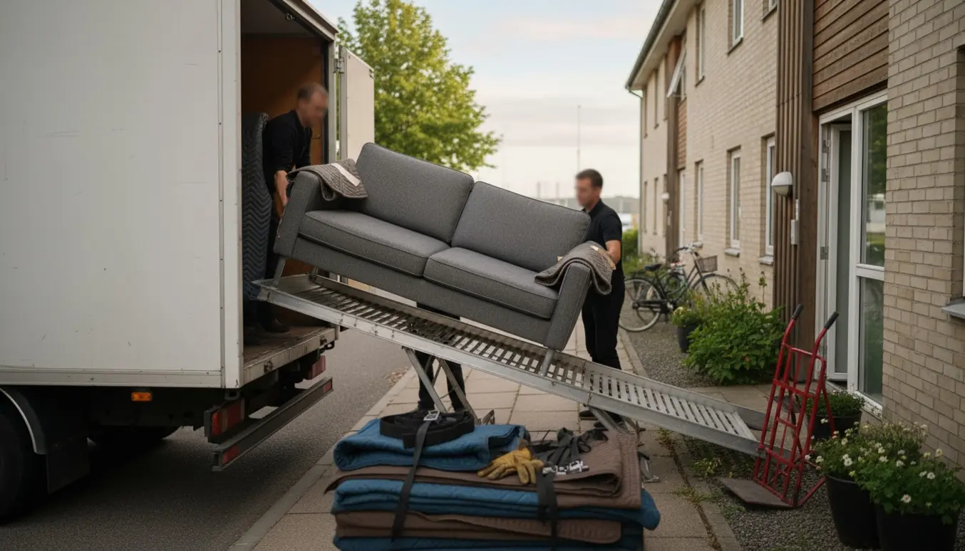 Flyttefolk læsser en sovesofa ind i en varevogn uden for en lejlighed i Esbjerg.