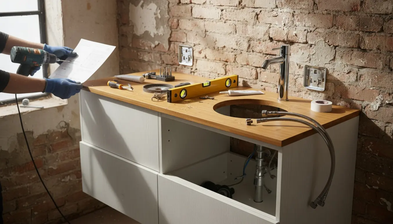 To IKEA-vaskeskabe monteres på en ældre teglvæg med bambusbordplade, værktøj og håndværkerhænder i arbejde.