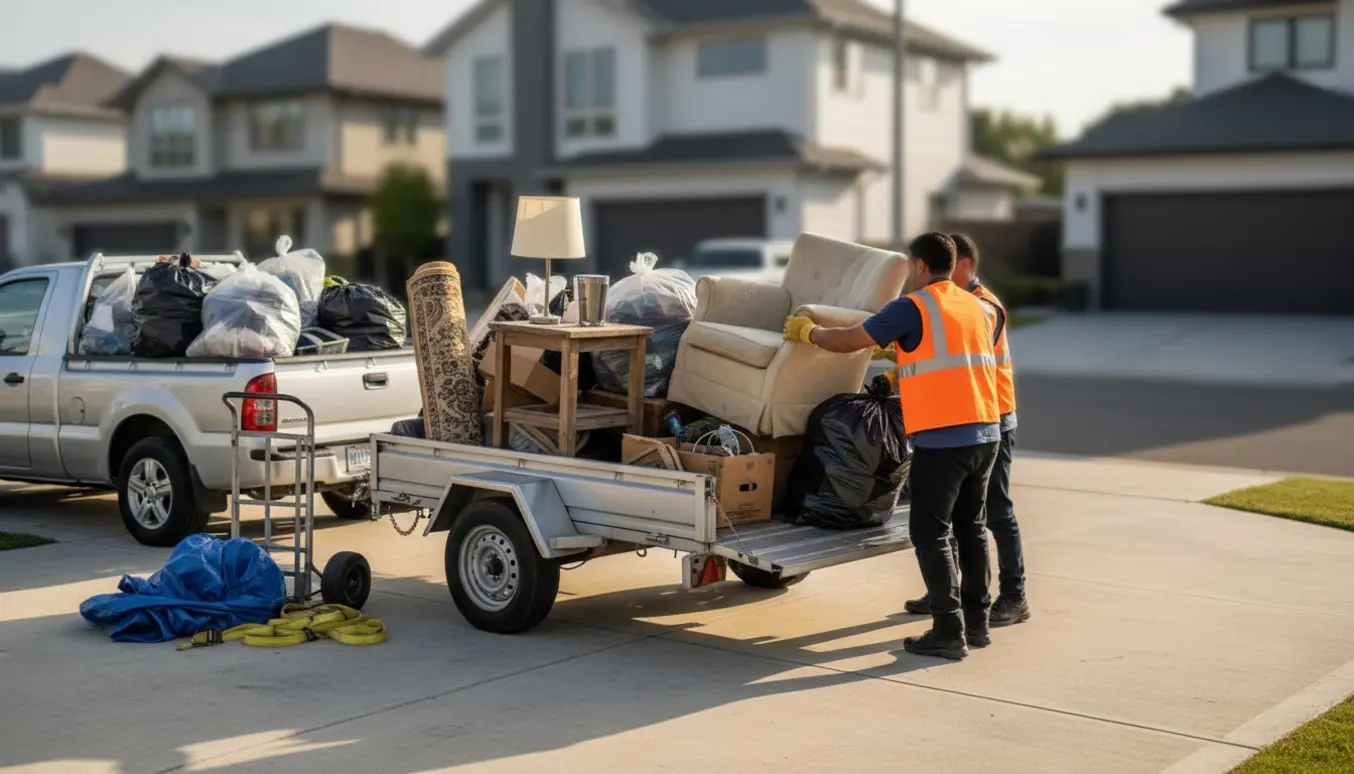 Storskrald med tøj i poser og små møbler læsses på en trailer ved en indkørsel i blødt dagslys.