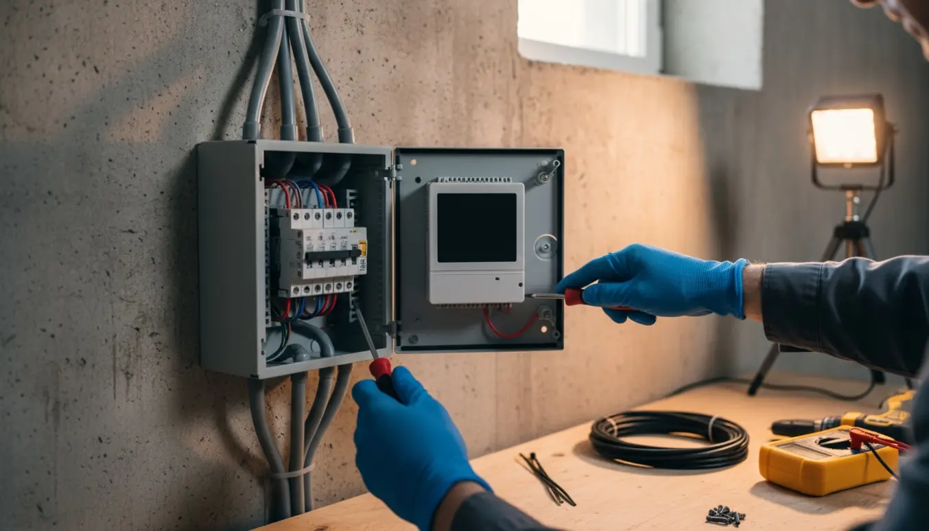 Åben minitavle i en kælder med elektrikerhænder, kabler og værktøj klar til installation af delmåler.