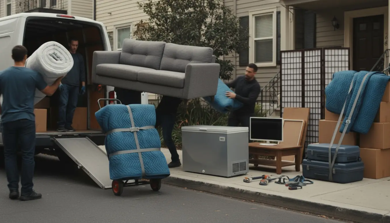 Flyttefolk bærer en sofa og en madras mod en åben flyttevogn omgivet af kasser, tæpper og flytteudstyr.