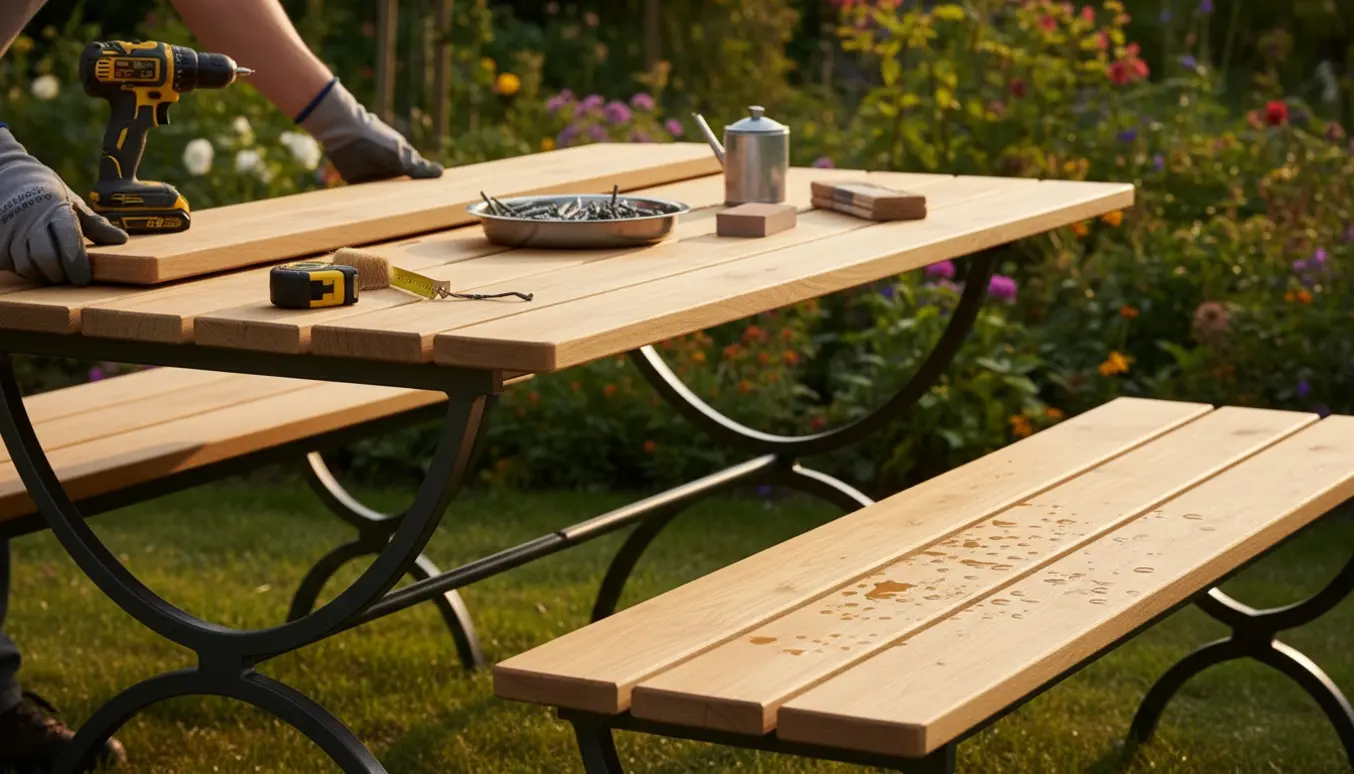 Lyst, glat træ lagt ovenpå jernstel til havebord og bænke i en solrig have.