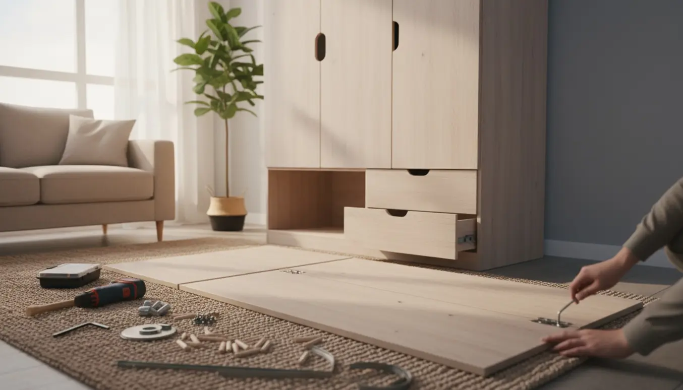 Delvist samlet tøjskab med tre døre og to skuffer, hænder monterer et hængsel i et lyst rum.