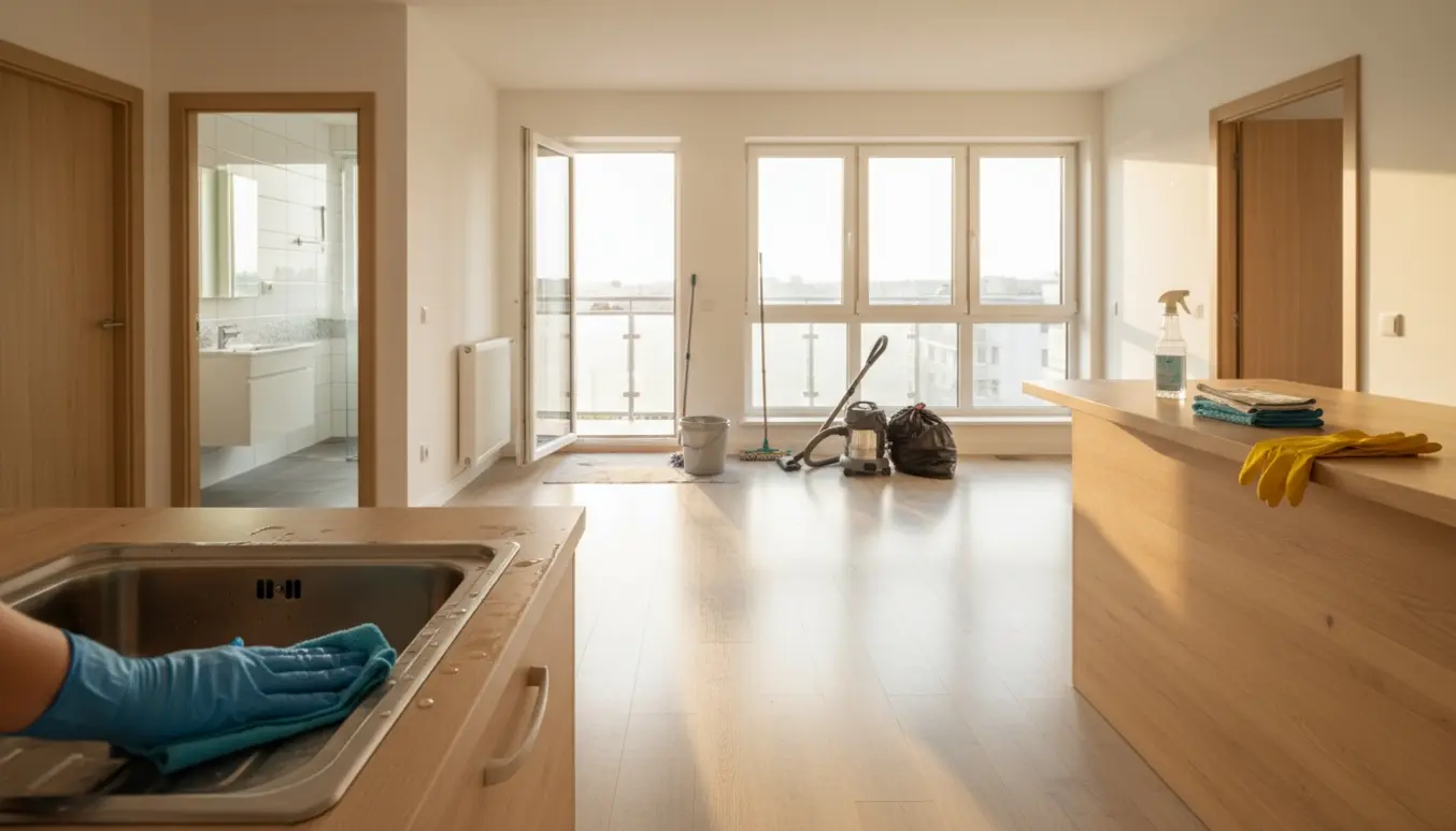 Soloplyst tom lejlighed under fraflytningsrengøring med hænder, der pudser vask, moppe, støvsuger og altandør i baggrunden.