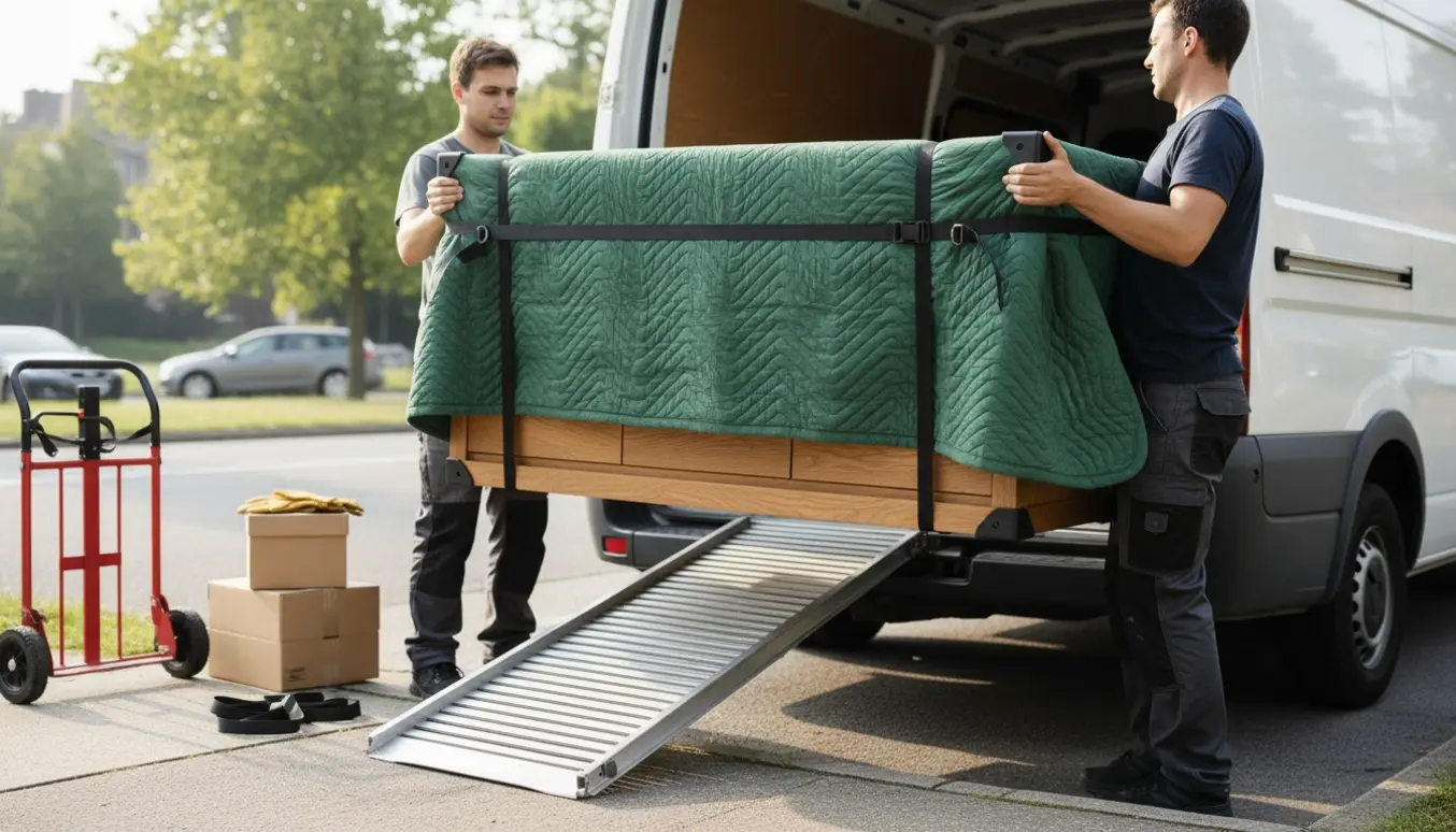To personer bærer et langt, samlet konsolbord pakket i flyttebetræk ind i en varevogn via en rampe.