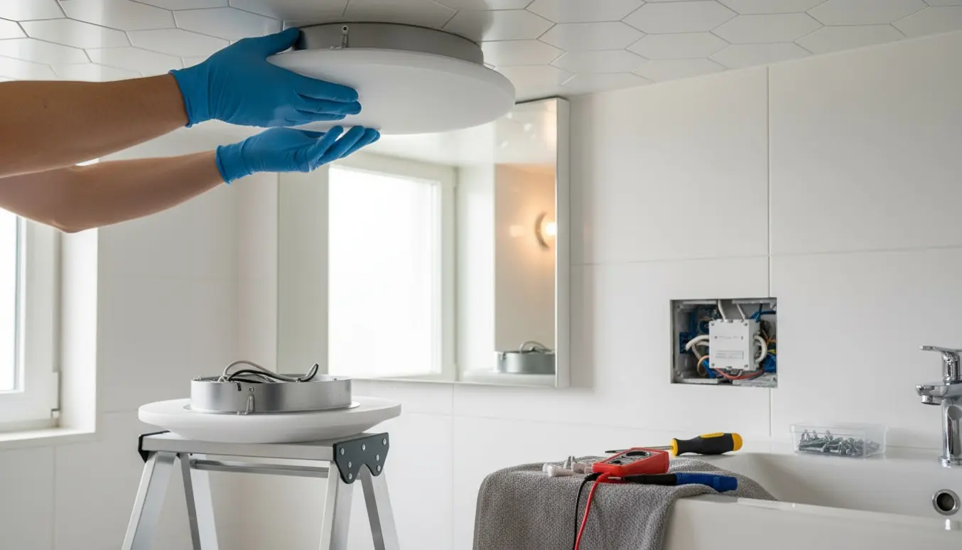 Gloved hænder installerer LED-lamper i et badeværelse og udskifter en lyskontakt til en dæmper.