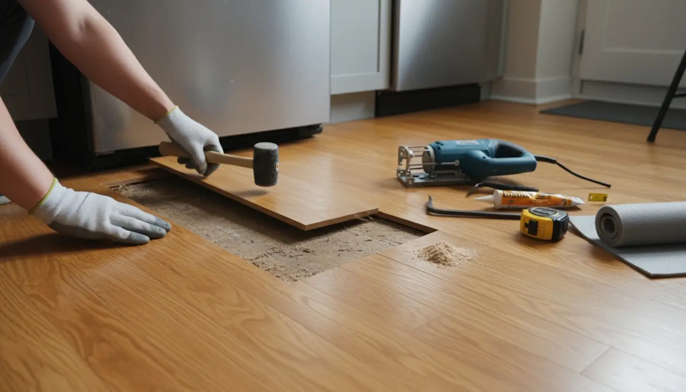 Tæt foto af udskiftning af vandskadet trægulv under et køleskab, hvor hænder placerer en ny planke, så den matcher resten af gulvet.