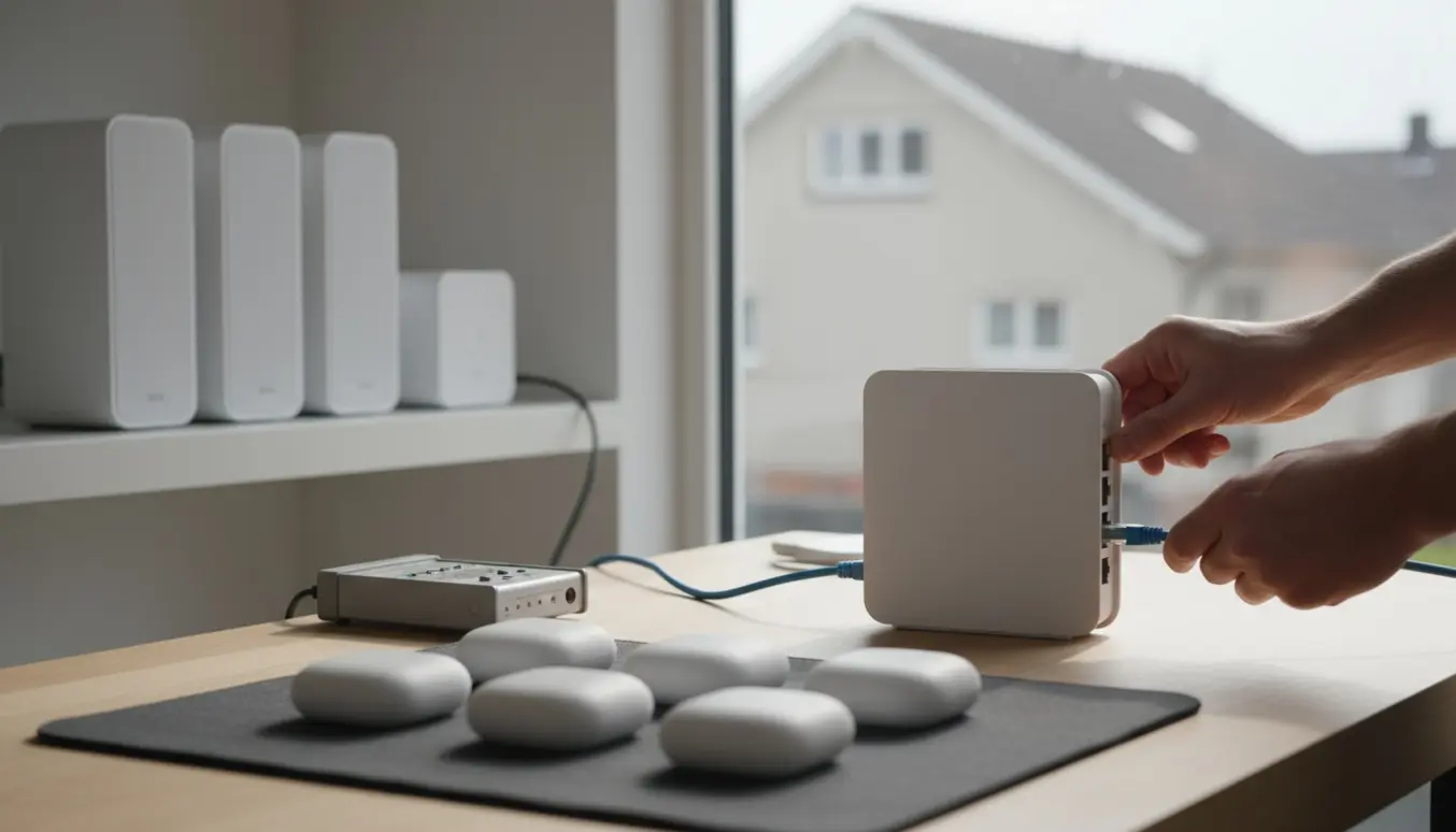 Tekniker tilpasser en ny fiberrouter og mesh-enheder ved et arbejdsbord med Sonos-højttalere i baggrunden.