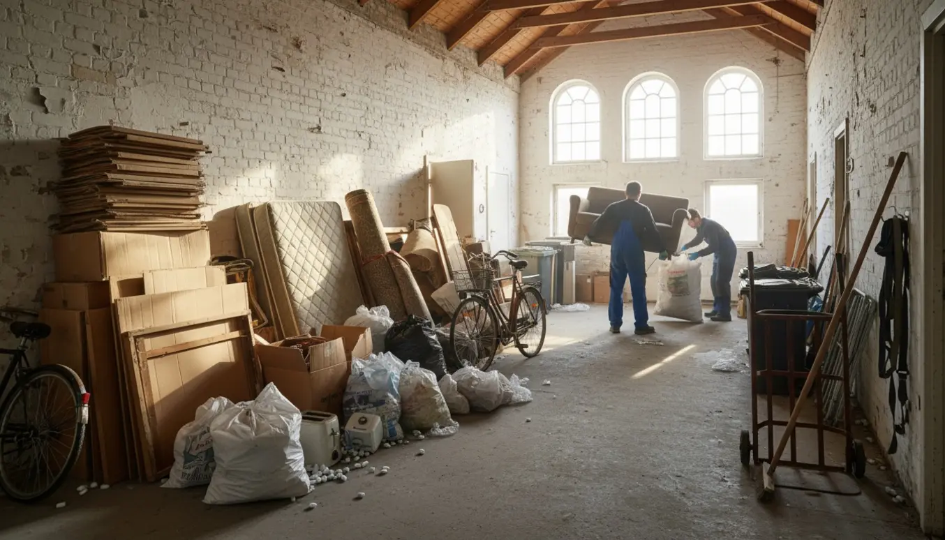 Stort bunker af blandet affald uden for loftsrum i en opgang med flytteudstyr og arbejdere uden synlige ansigter.