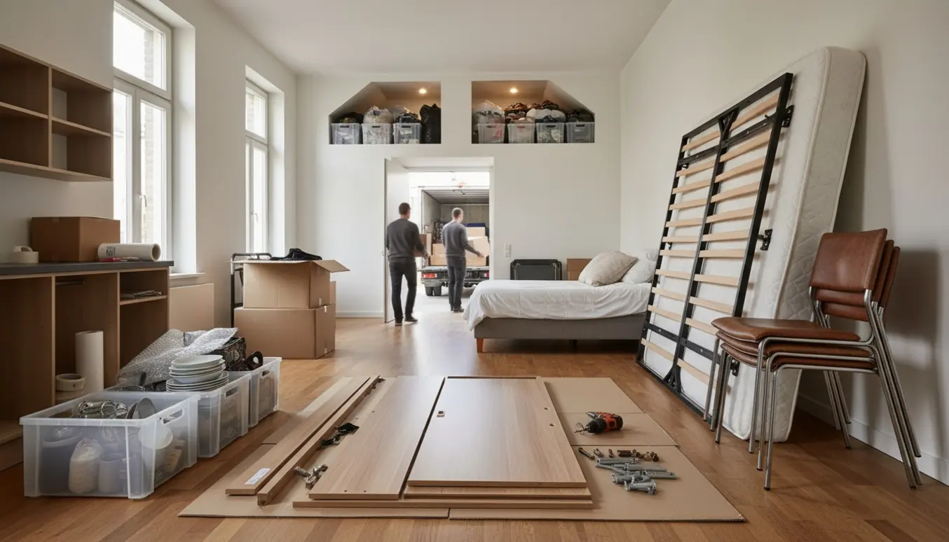 Interiørfoto af en lejlighed under oprydning med nedtagne møbler, flyttekasser og fyldte magasinsække klar til bortkørsel.