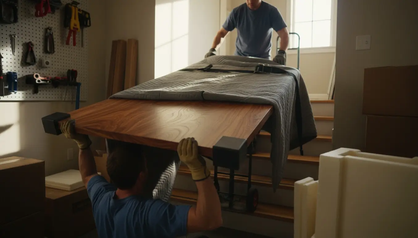 To personer løfter en stor massiv træbordplade op ad en trappe fra en garage, beskyttet med tæpper og flyttestropper.