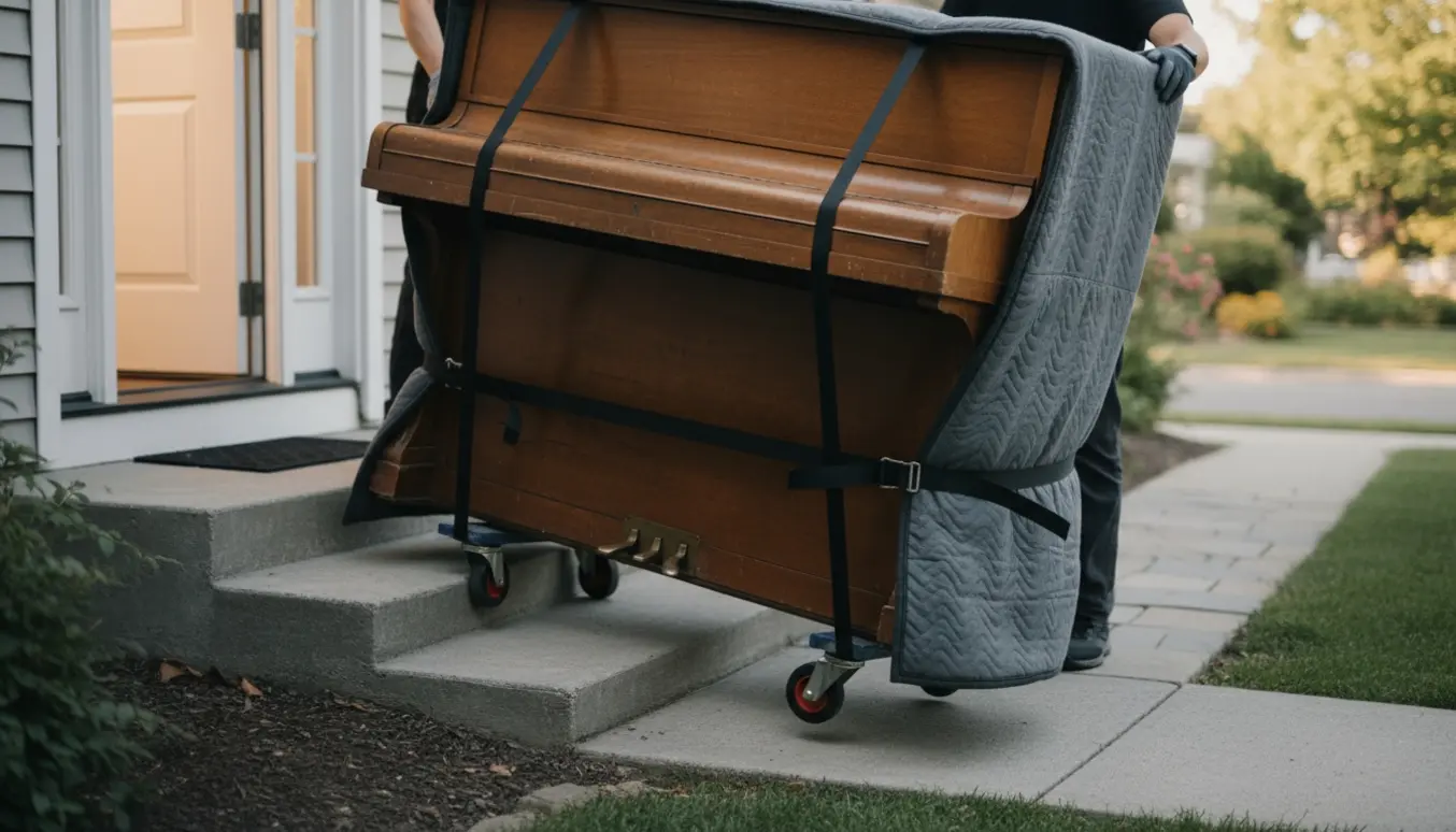 Et opretstående klaver trækkes forsigtigt på en møbelhund ned ad to små trin ved husets hoveddør.