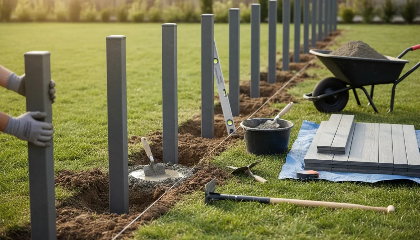 Installering af komposithegn i forhaven med stolper støbt i våd beton og materialer på plads.