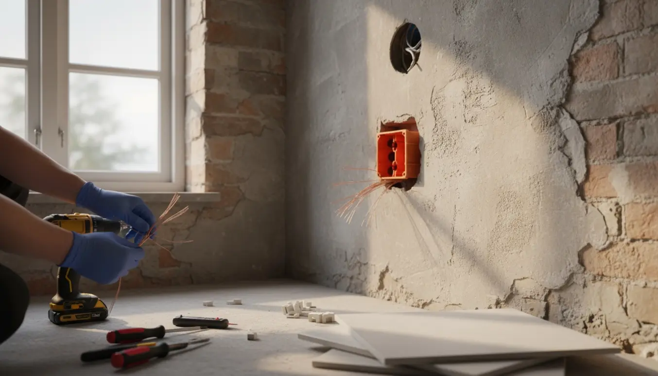 Råt badeværelse under renovering med en indbygget el-stikdåse og værktøj.