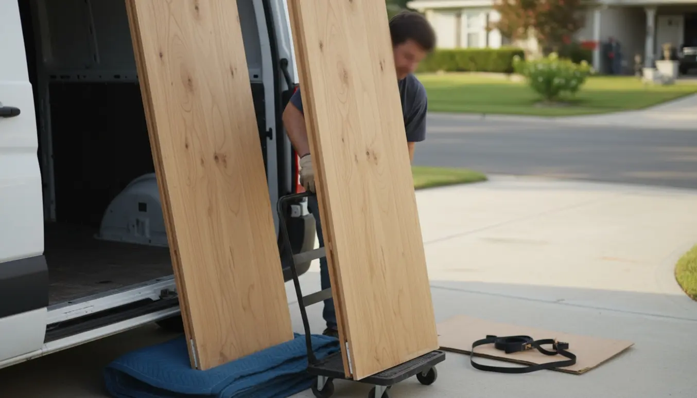 To finerbeklædte skydedøre læsses i en varevogn klar til afhentning.