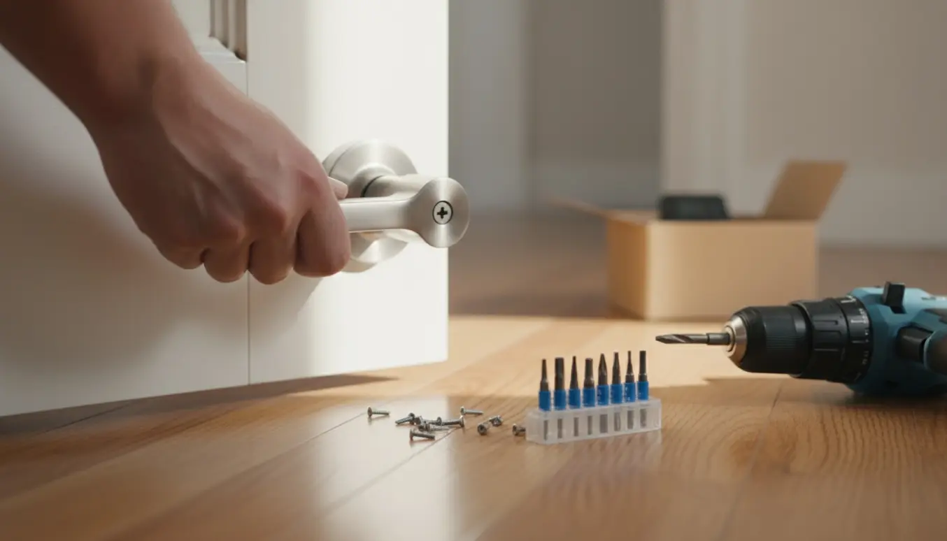 Nærbillede af et dørhåndtag med små skruer og en boremaskine klar til at fjerne det gamle håndtag.