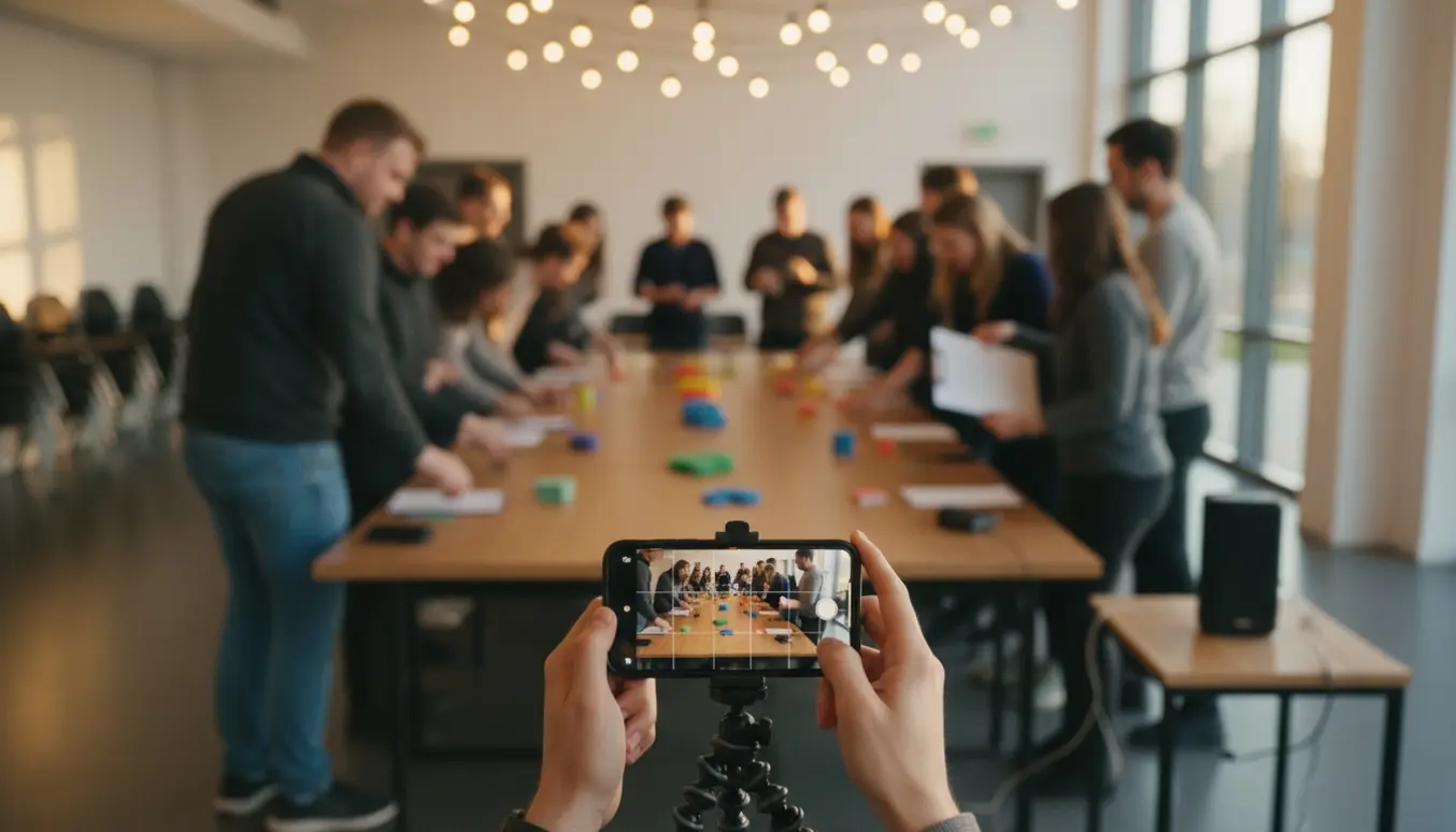 En person filmer med mobil fra ryggen, mens en gruppe forbereder et TV‑inspireret spil i et hyggeligt eventrum.