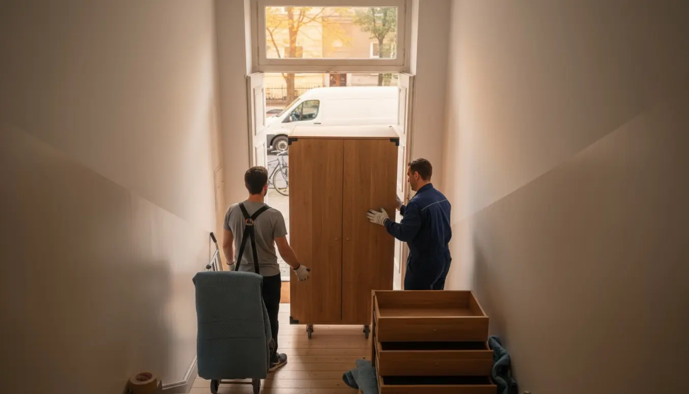 To personer bærer et skab ned ad en trappe mod en parkeret flyttebil på en stille bygade.