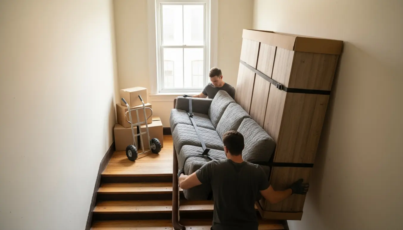 Sofa og klædeskab bæres ned ad trappe i en lille lejlighed, beskyttet med flyttetæpper og dolly.