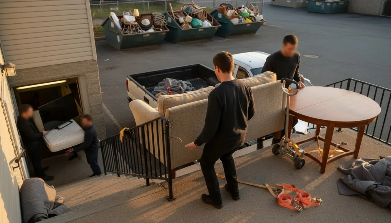 Flyttefolk bærer sofa og spisebord mod en varebil, mens en seng og et TV løftes op fra kælderen.
