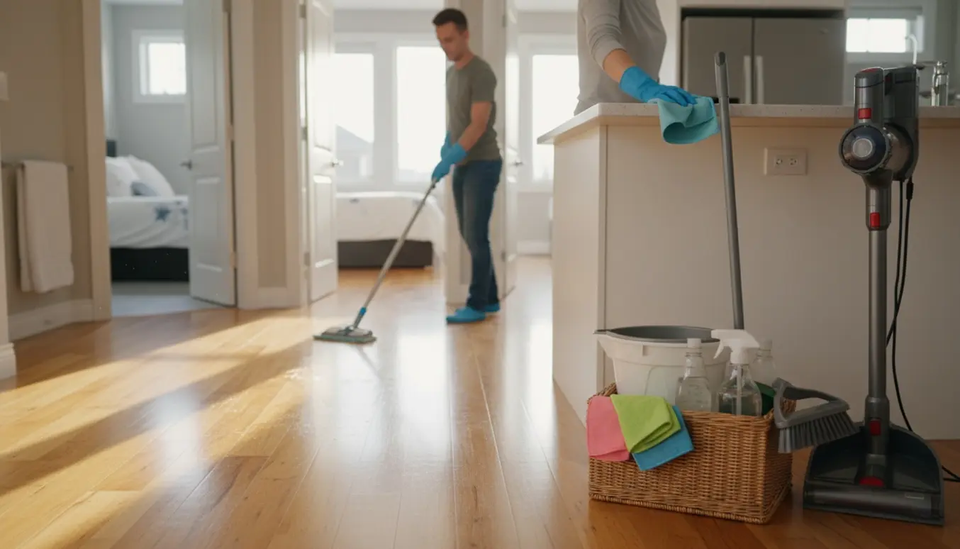 En person mopper et lyst åbent køkken-alrum i et velholdt hus med rengøringsudstyr i forgrunden og åbne døre til soveværelse og badeværelse.