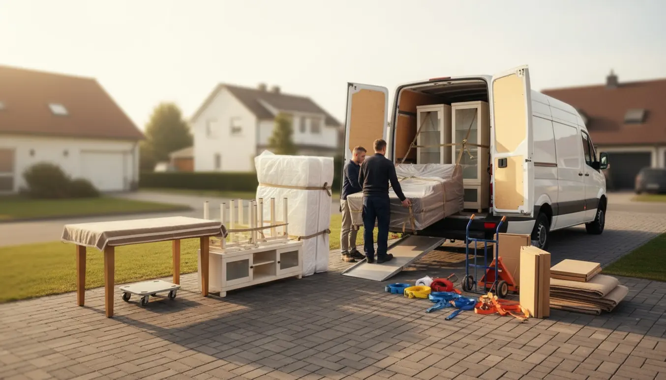 To flyttefolk læsser beskyttede møbler som vitrineskab, sofa, seng og madrasser ind i en åben flyttebil på en oplyst indkørsel.
