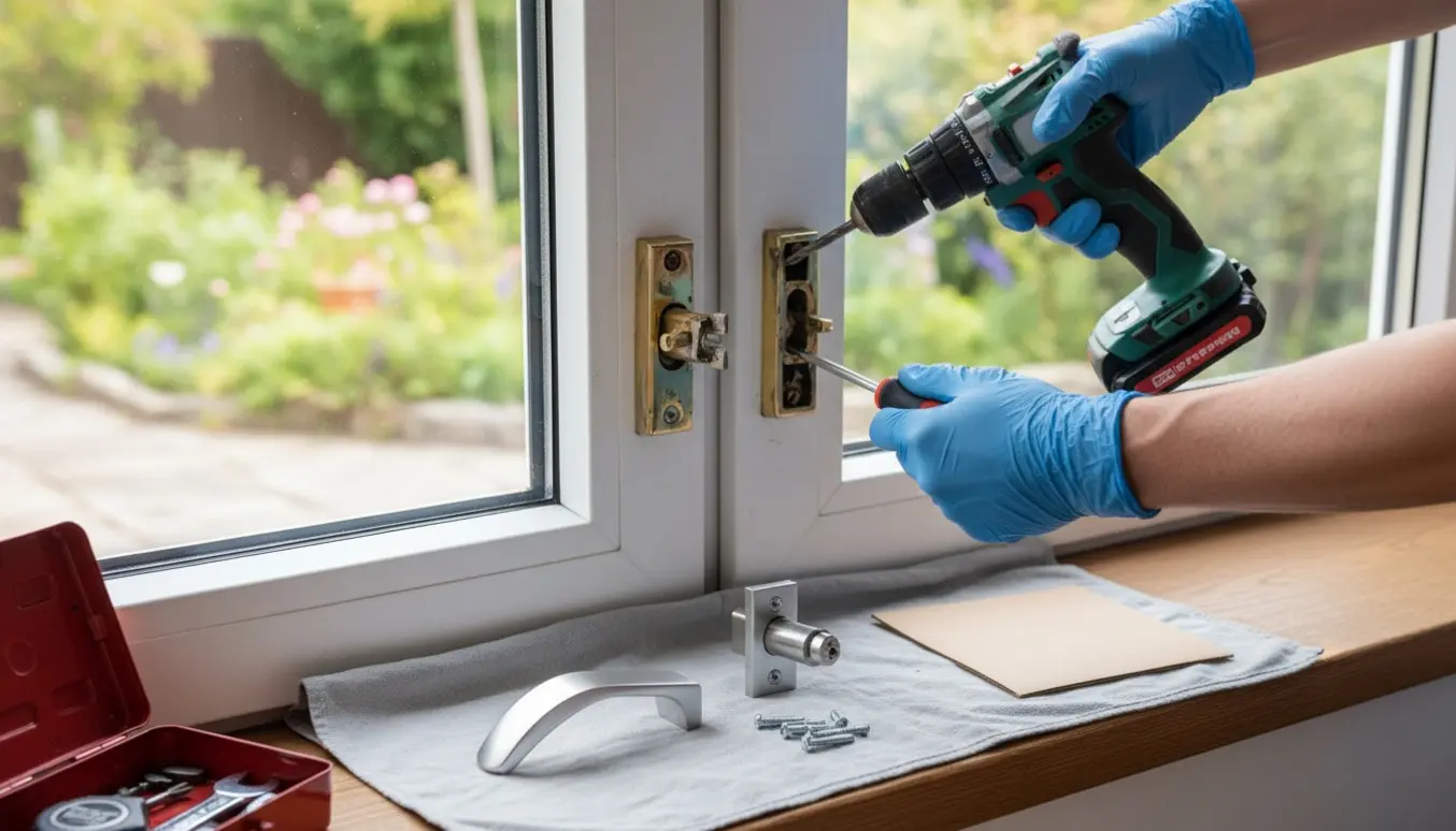 Nærbillede af hænder, der udskifter greb og lås på en terrassedør med værktøj på dørkarmen.