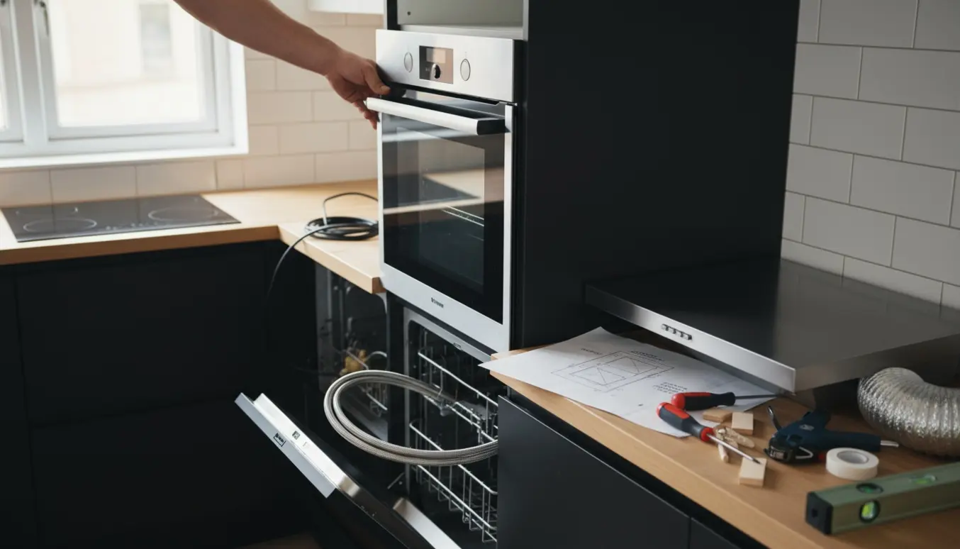 Hænder installerer en indbygningsovn i et nyt modulært køkken med åben opvaskemaskine, værktøj og ventilationskanal synlig.